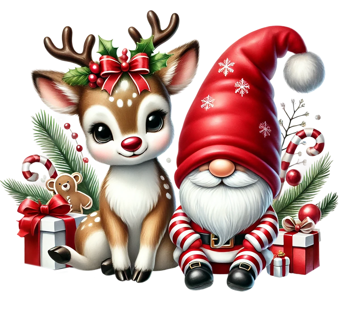 A festive Christmas illustration featuring a cute white deer with antlers and a red bow, sitting beside a gnome in a red Santa hat and red-and-white striped outfit, surrounded by wrapped gifts, candy canes, pine branches, and berries on a black background.