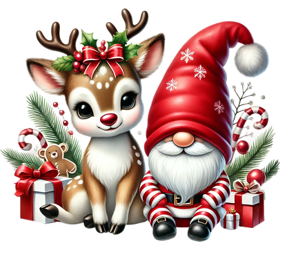 A festive Christmas illustration featuring a cute white deer with antlers and a red bow, sitting beside a gnome in a red Santa hat and red-and-white striped outfit, surrounded by wrapped gifts, candy canes, pine branches, and berries on a black background.