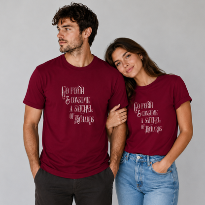 Two people wearing maroon t-shirts with text, standing against a plain background