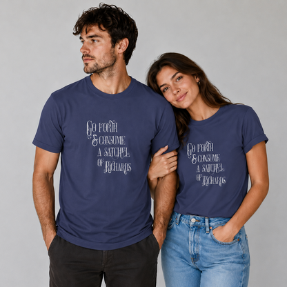 Man and woman wearing matching purple t-shirts with text on a gray background