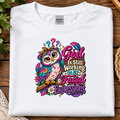 A folded white Gildan t-shirt with a colorful graphic of an owl and the text 'God Is Still Working On My Facial Expressions', displayed on a rustic wooden background with decorative plants and a woven mat.