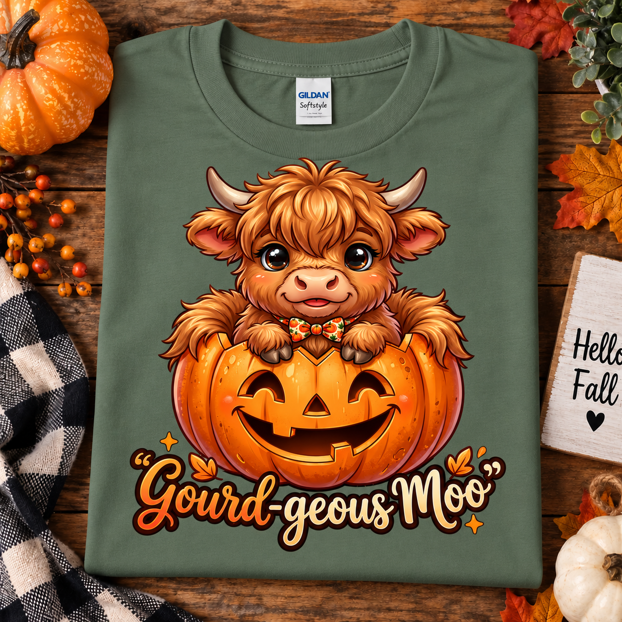 A folded military green Gildan Softstyle t-shirt with a cartoon Highland cow in a jack-o'-lantern graphic and the text 'Gourd-geous Moo', styled on a rustic wooden background with autumn props.