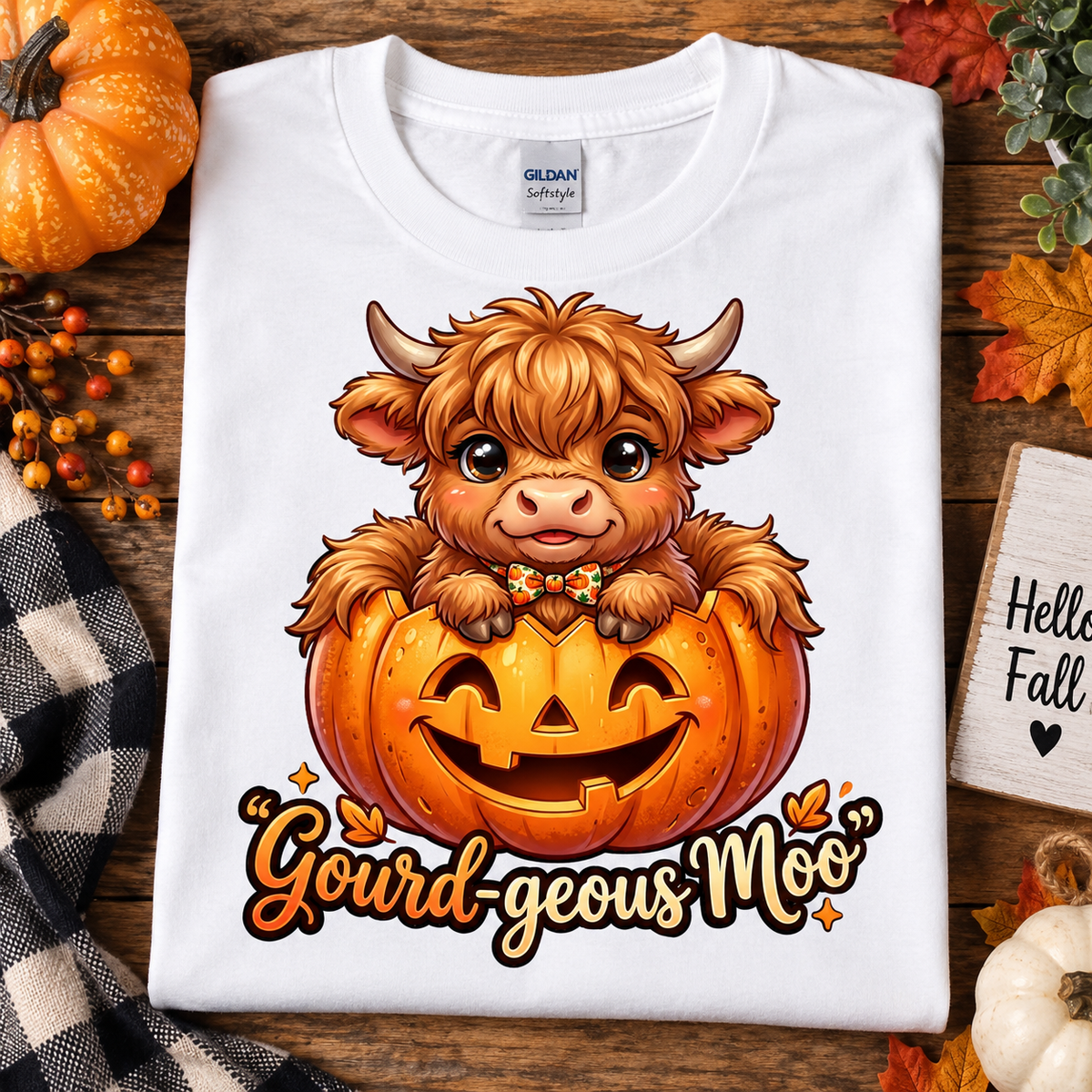 A folded white Gildan Softstyle t-shirt with a cartoon Highland cow in a jack-o'-lantern graphic and the text 'Gourd-geous Moo', styled on a wooden surface with autumn props.