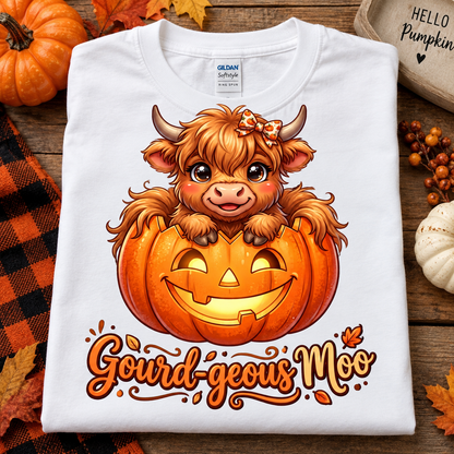 A folded white T-shirt with a colorful graphic of a fluffy Highland cow sitting in a jack-o'-lantern pumpkin, with the phrase 'Gourd-geous Moo' printed below. The shirt is styled on a rustic wooden surface with autumn decorations including pumpkins, leaves, and a small sign.