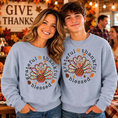 Mom and son wearing a light blue colored sweatshirt with text Grateful Thankful Blessed with a turkey graphic