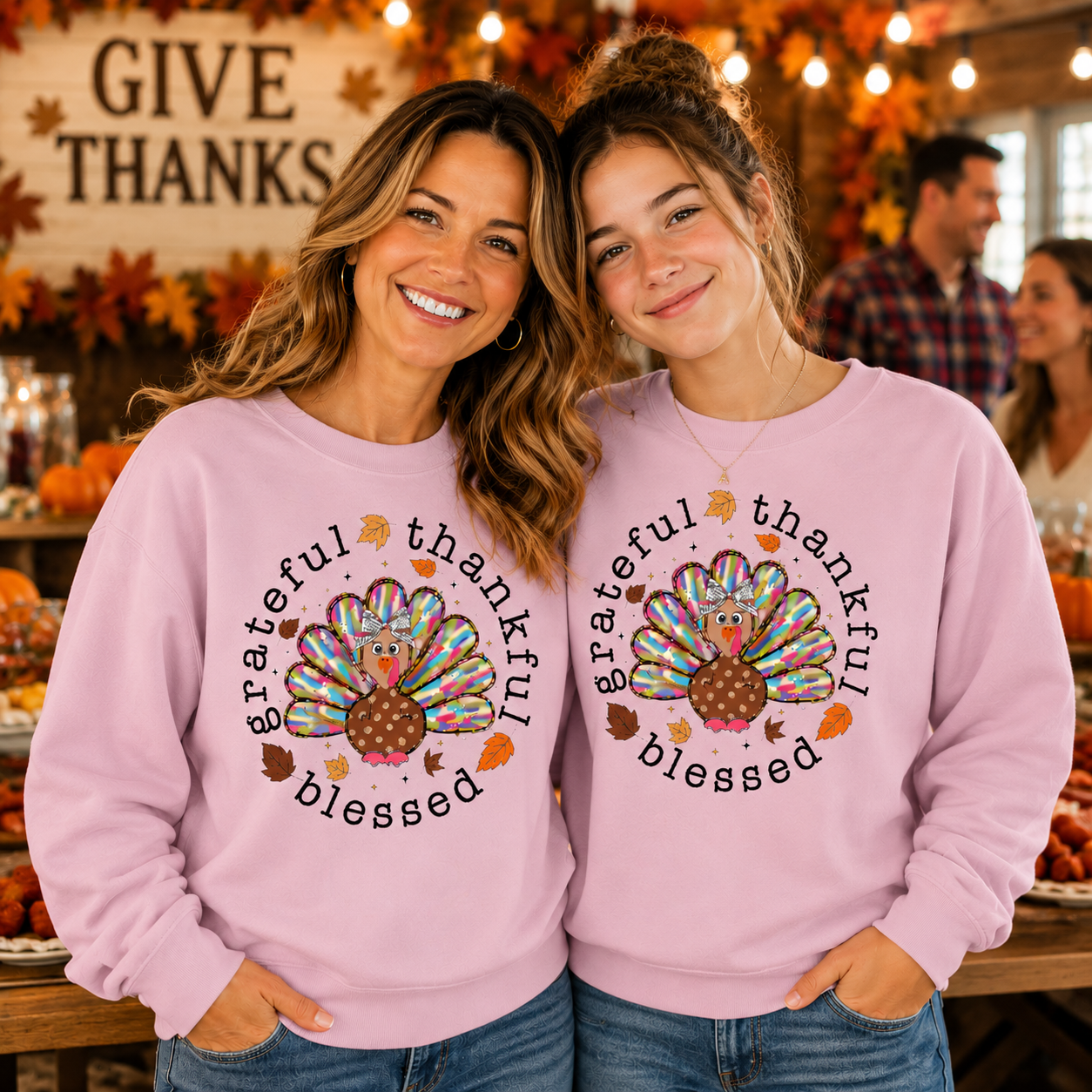 Mom and daughter  wearing a light pink colored sweatshirt with text Grateful Thankful Blessed with a turkey graphic