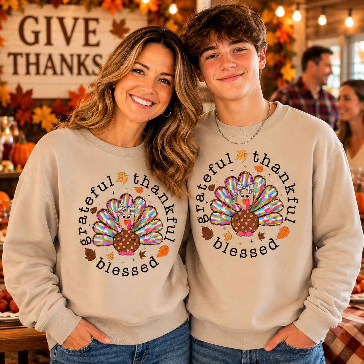Mom and son wearing a sand colored sweatshirt with text Grateful Thankful Blessed with a turkey graphic