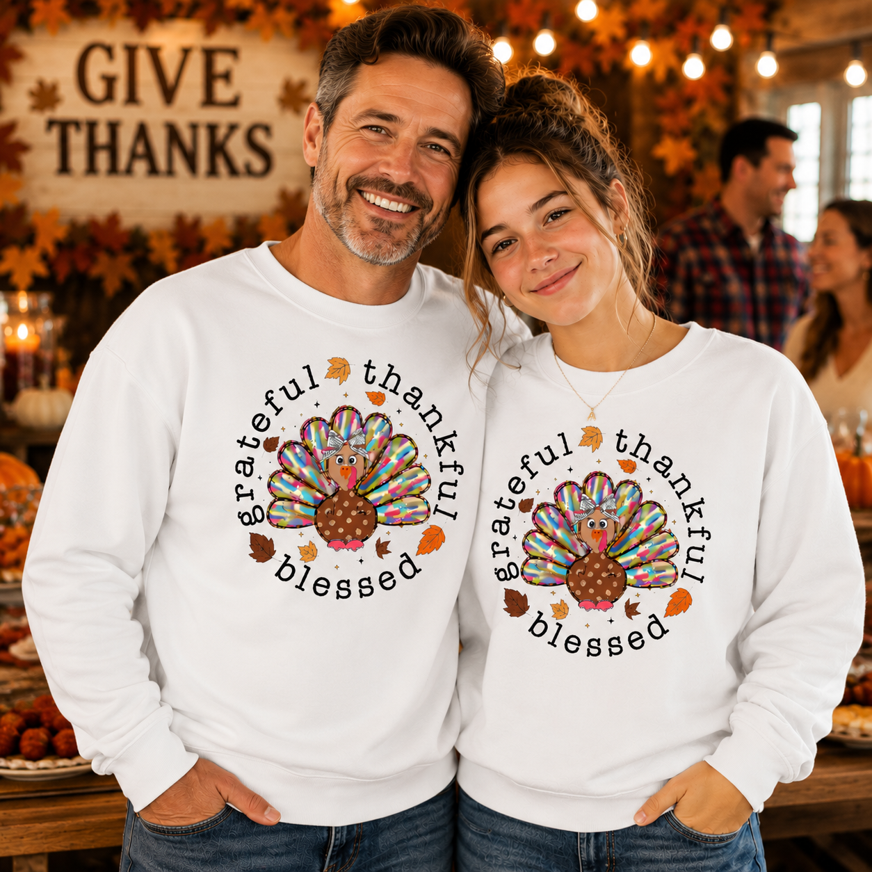 Dad and daughter wearing a white colored sweatshirt with text Grateful Thankful Blessed with a turkey graphic