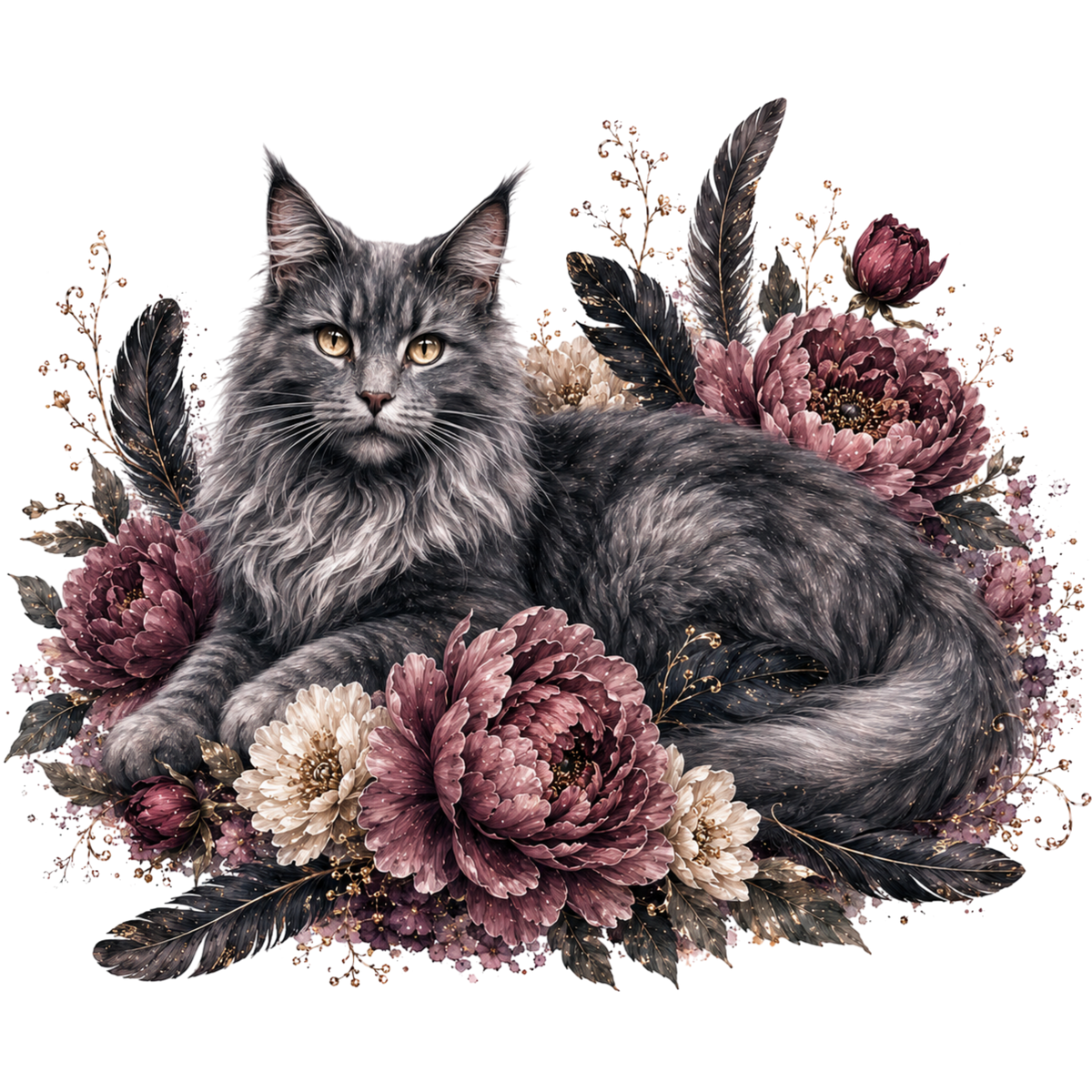 A detailed illustration of a fluffy gray long-haired cat surrounded by large mauve and cream peonies, dark feathers, and delicate botanical elements on a white background.