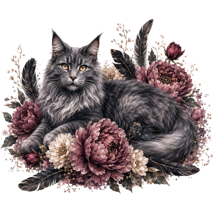 A detailed illustration of a fluffy gray long-haired cat surrounded by large mauve and cream peonies, dark feathers, and delicate botanical elements on a white background.
