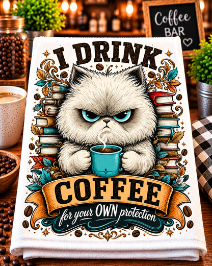 A folded white towel or blanket featuring a cartoon grumpy cat holding a teal coffee mug, surrounded by books, leaves, and the text 'I DRINK COFFEE for your OWN protection.' 