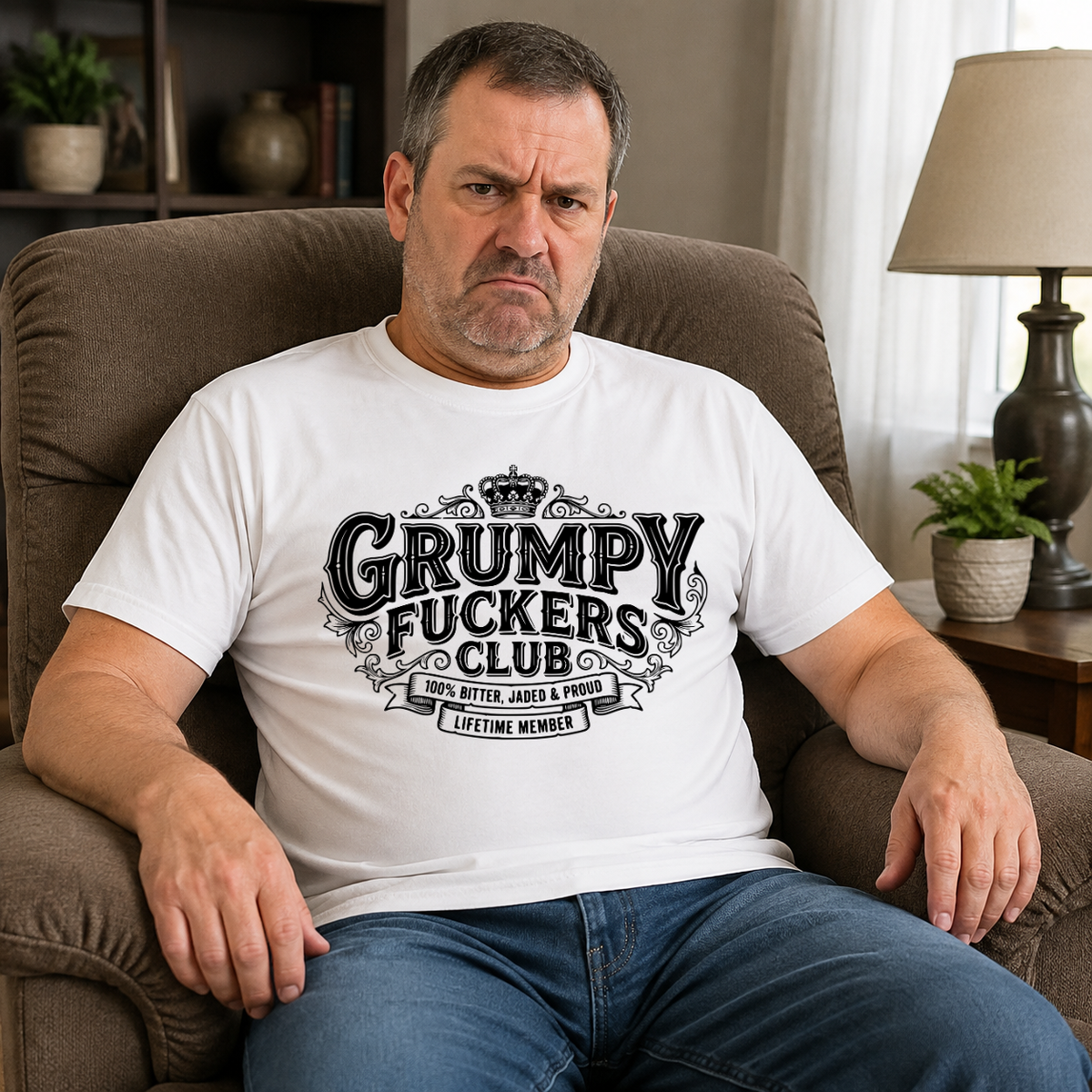 A man sitting in a brown armchair wearing a white graphic t-shirt with the text 'GRUMPY FUCKERS CLUB' in black. The setting is a cozy living room with a lamp, plants, and a bookshelf in the background.