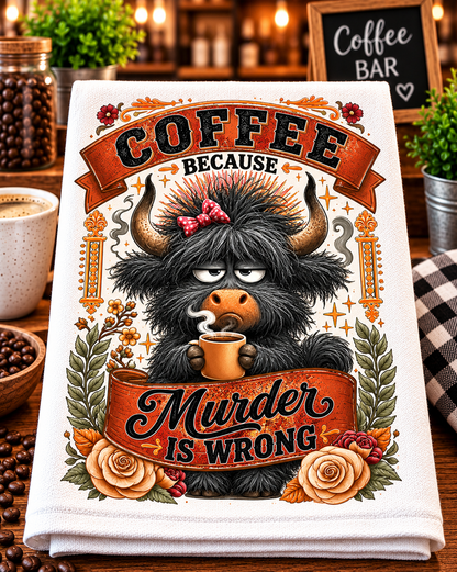 A folded white kitchen towel with a detailed graphic print of a black fluffy cartoon animal holding a coffee mug, surrounded by banners reading 'COFFEE BECAUSE Murder IS WRONG', 