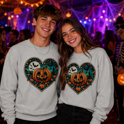 Two people wearing Halloween-themed sweatshirts with pumpkins and hearts in a festive setting.