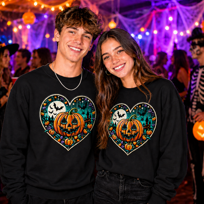 Two people wearing Halloween-themed sweatshirts with pumpkins and ghosts at a festive event.