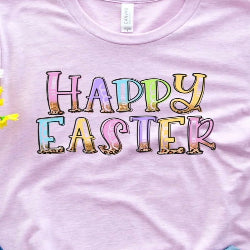 Happy Easter graphic t-shirt with pastel text — simple spring holiday tee