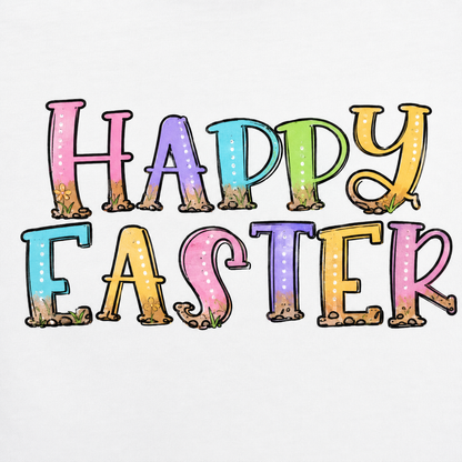 Colorful 'Happy Easter' text on a white background