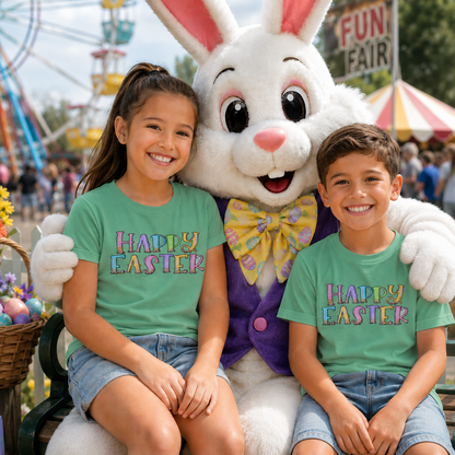 Two children wearing heather Irish green t-shirts with the saying 'Happy Easter' sitting with a large Easter Bunny at a funfair.