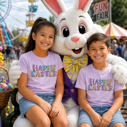 Two children wearing light pink t-shirts with the saying 'Happy Easter' sitting with a large Easter Bunny at a funfair.