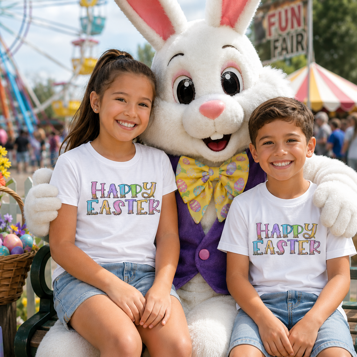 Two children wearing white t-shirts with the saying 'Happy Easter' sitting with a large Easter Bunny at a funfair.