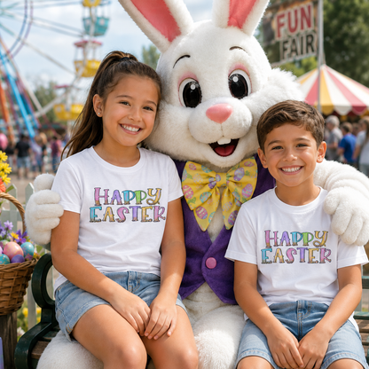Two children wearing white t-shirts with the saying 'Happy Easter' sitting with a large Easter Bunny at a funfair.