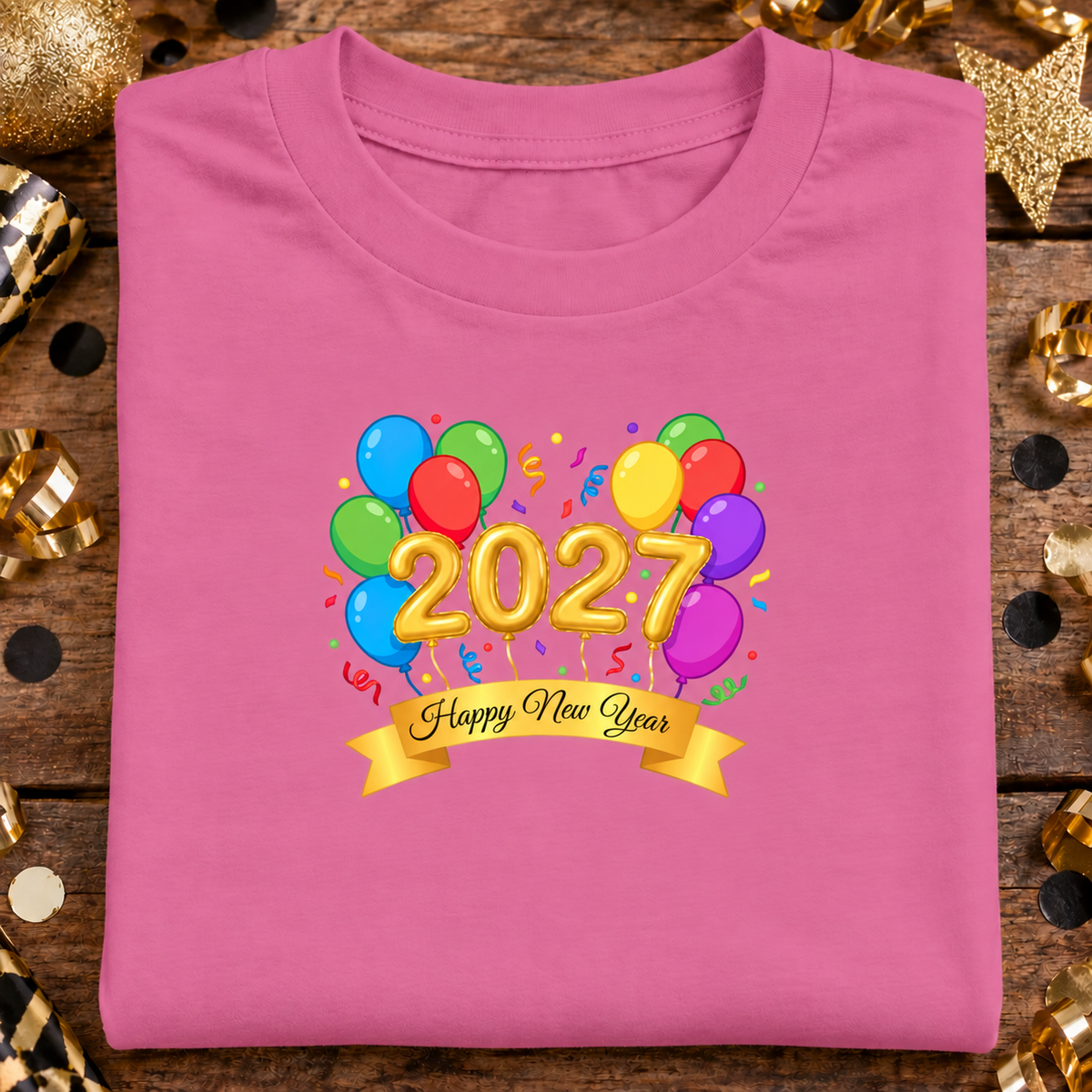 A folded azalea pink t-shirt features a colorful graphic of balloons, gold 3D numbers spelling '2027', and a gold banner reading 'Happy New Year'.