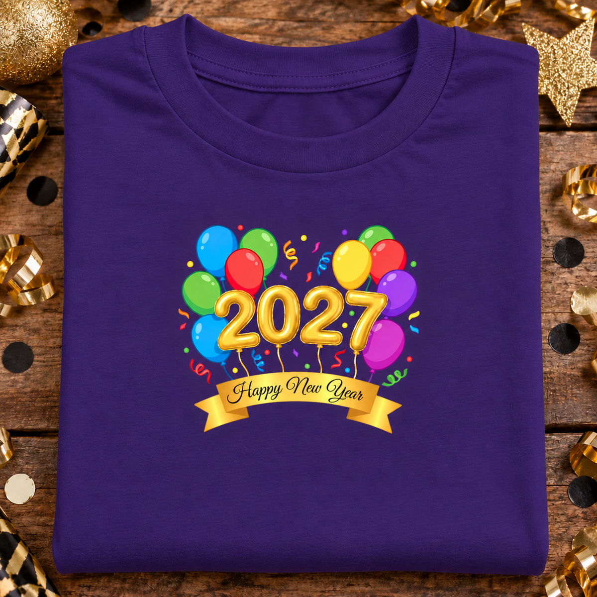 A folded purple t-shirt features a colorful graphic of balloons, gold 3D numbers spelling '2027', and a gold banner reading 'Happy New Year'.