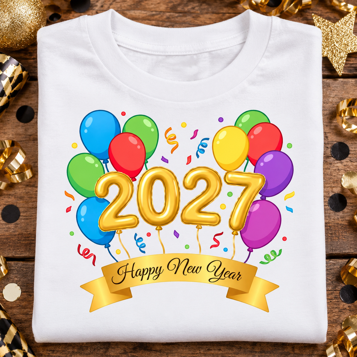 A folded white t-shirt features a colorful graphic of balloons, gold 3D numbers spelling '2027', and a gold banner reading 'Happy New Year'.