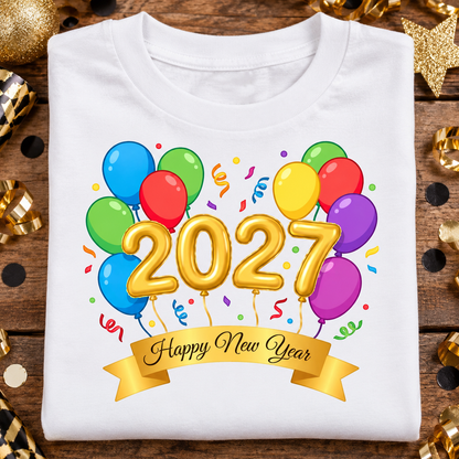 A folded white t-shirt features a colorful graphic of balloons, gold 3D numbers spelling '2027', and a gold banner reading 'Happy New Year'.