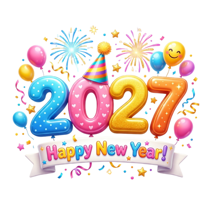 Colorful 3D '2027' balloons with a party hat, surrounded by balloons, fireworks, confetti, and a banner reading 'Happy New Year!' on a black background.