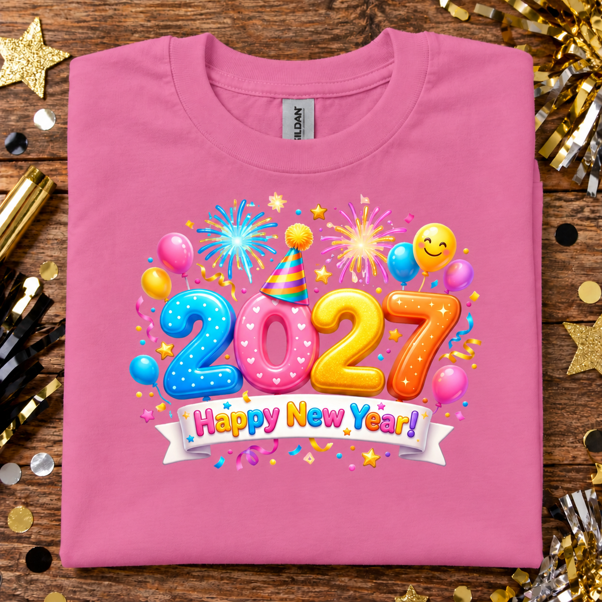 A folded azalea pink t-shirt with a colorful '2027 Happy New Year' graphic, displayed on a wooden surface surrounded by gold and silver confetti.