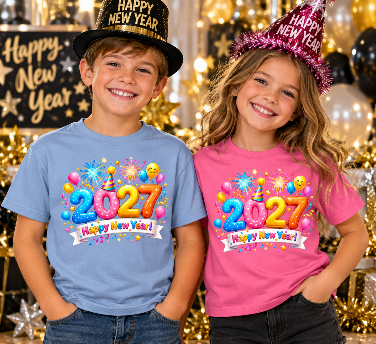 A boy and a girl wearing matching 2027 'Happy New Year' graphic t-shirts, with the boy in a light blue shirt and the girl in a pink shirt, both wearing 'HAPPY NEW YEAR' party hats in front of a festive Christmas background.