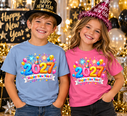 A boy and a girl wearing matching 2027 'Happy New Year' graphic t-shirts, with the boy in a light blue shirt and the girl in a pink shirt, both wearing 'HAPPY NEW YEAR' party hats in front of a festive Christmas background.