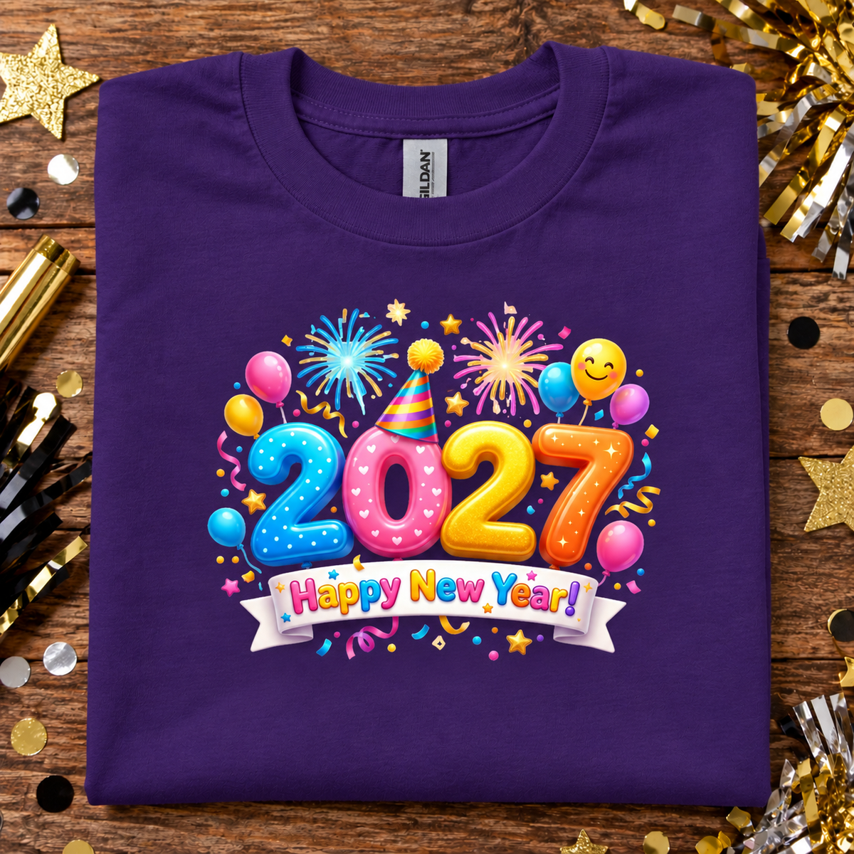 A folded purple t-shirt with a colorful '2027 Happy New Year!' graphic print, displayed on a wooden surface surrounded by gold and black party decorations.
