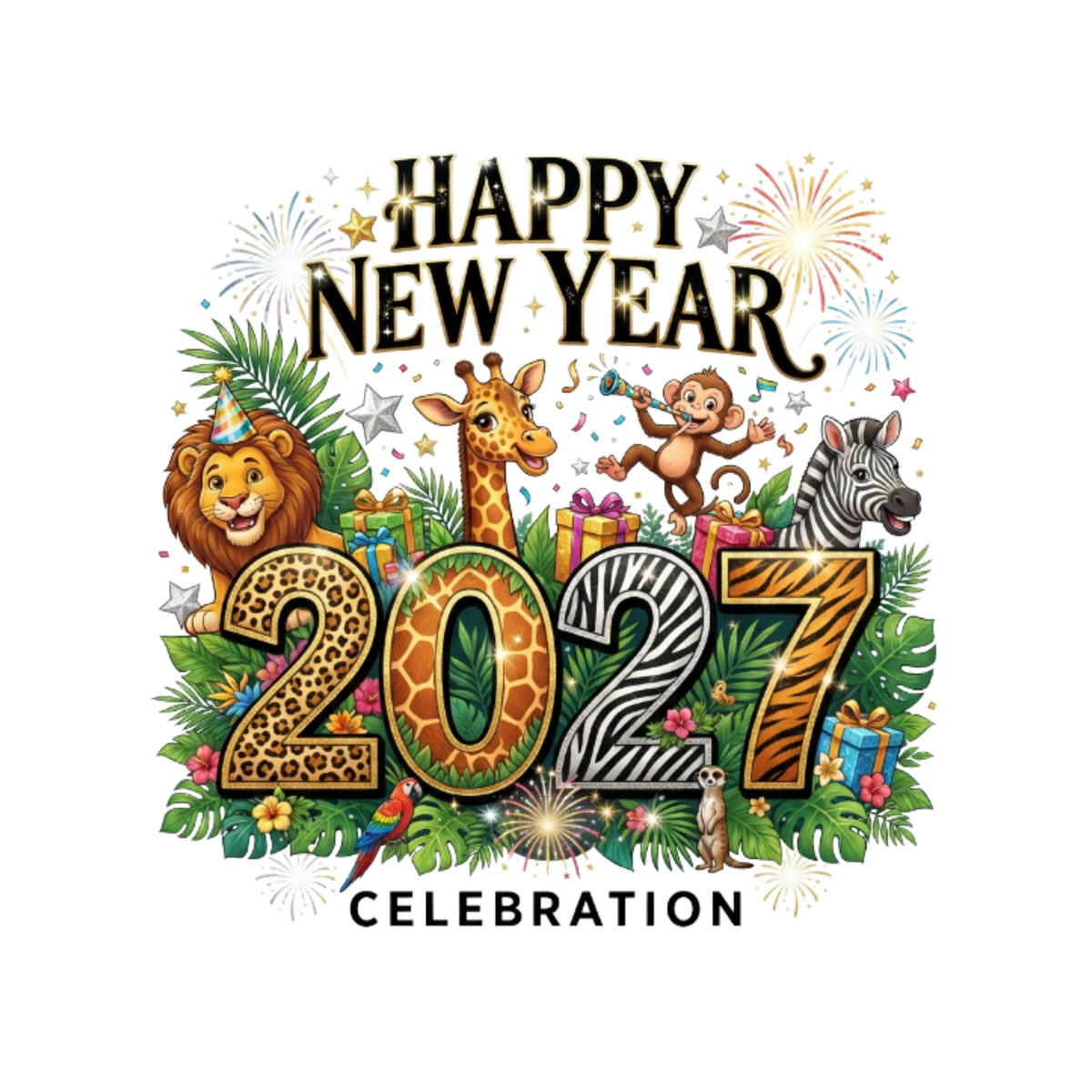A colorful New Year 2027 celebration graphic featuring cartoon animals including a lion, giraffe, monkey, and zebra, surrounded by fireworks, stars, and tropical leaves, with the text 'HAPPY NEW YEAR 2027 CELEBRATION' on a white background.