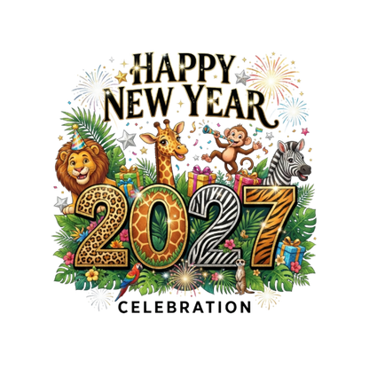 A colorful New Year 2027 celebration graphic featuring cartoon animals including a lion, giraffe, monkey, and zebra, surrounded by fireworks, stars, and tropical leaves, with the text 'HAPPY NEW YEAR 2027 CELEBRATION' on a white background.