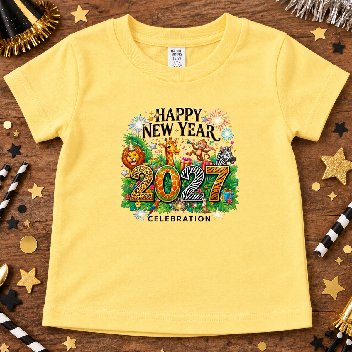 A butter yellow short-sleeve kids' t-shirt with a colorful 'Happy New Year 2027 Celebration' graphic, laid flat on a wooden surface surrounded by party decorations.