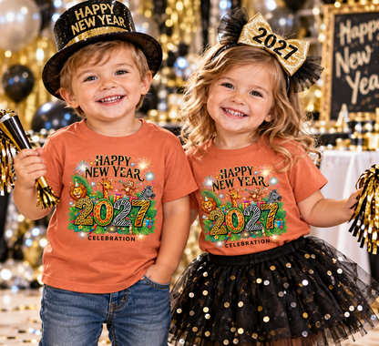 A young boy and girl wearing matching sunset orange 'Happy New Year 2027 Celebration' t-shirts, New Year hats, and party accessories, celebrating with gold and black pom-poms in a festive, glittery background.