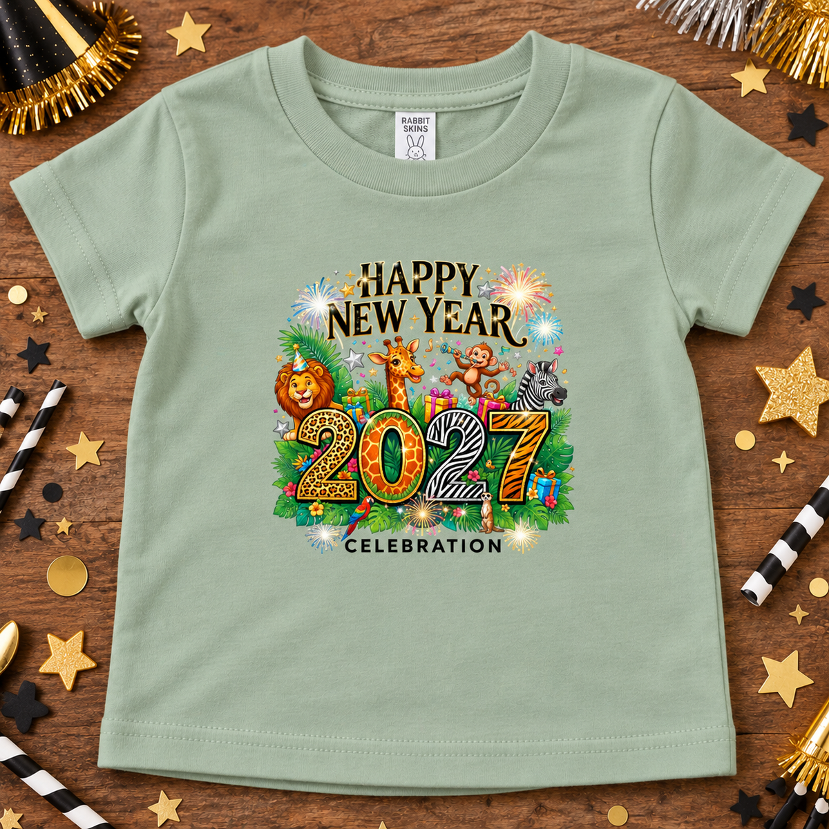 A sage green kids' t-shirt with a colorful 'Happy New Year 2027 Celebration' graphic featuring cartoon animals and fireworks, laid flat on a wooden background with party decorations.