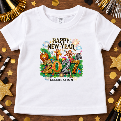 A white short-sleeve kids' t-shirt with a colorful 'Happy New Year 2027 Celebration' graphic featuring cartoon animals and festive elements, laid flat on a wooden background with party decorations.