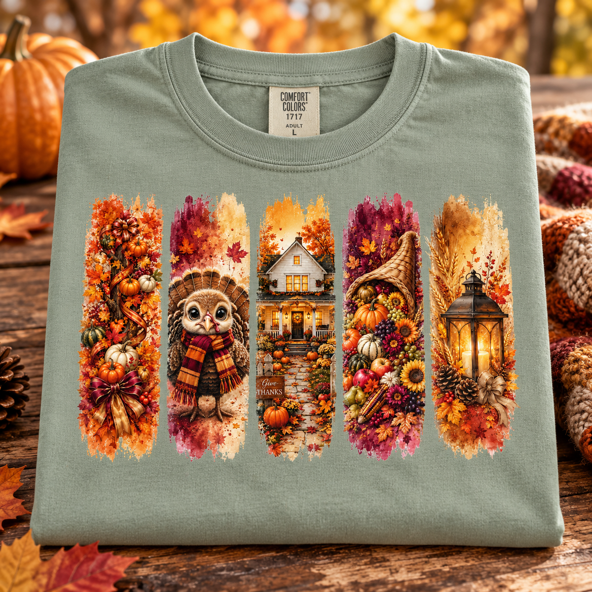 A bay green crewneck t-shirt with a detailed autumn-themed graphic print, displayed on a rustic wooden surface with pumpkins and fall leaves in the background. The graphic features five vertical panels: a cornucopia of pumpkins, an owl in a scarf, a cozy house, a cornucopia of flowers, and a glowing lantern.
