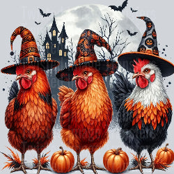 Three roosters wearing Halloween hats with pumpkins and a castle in the background.