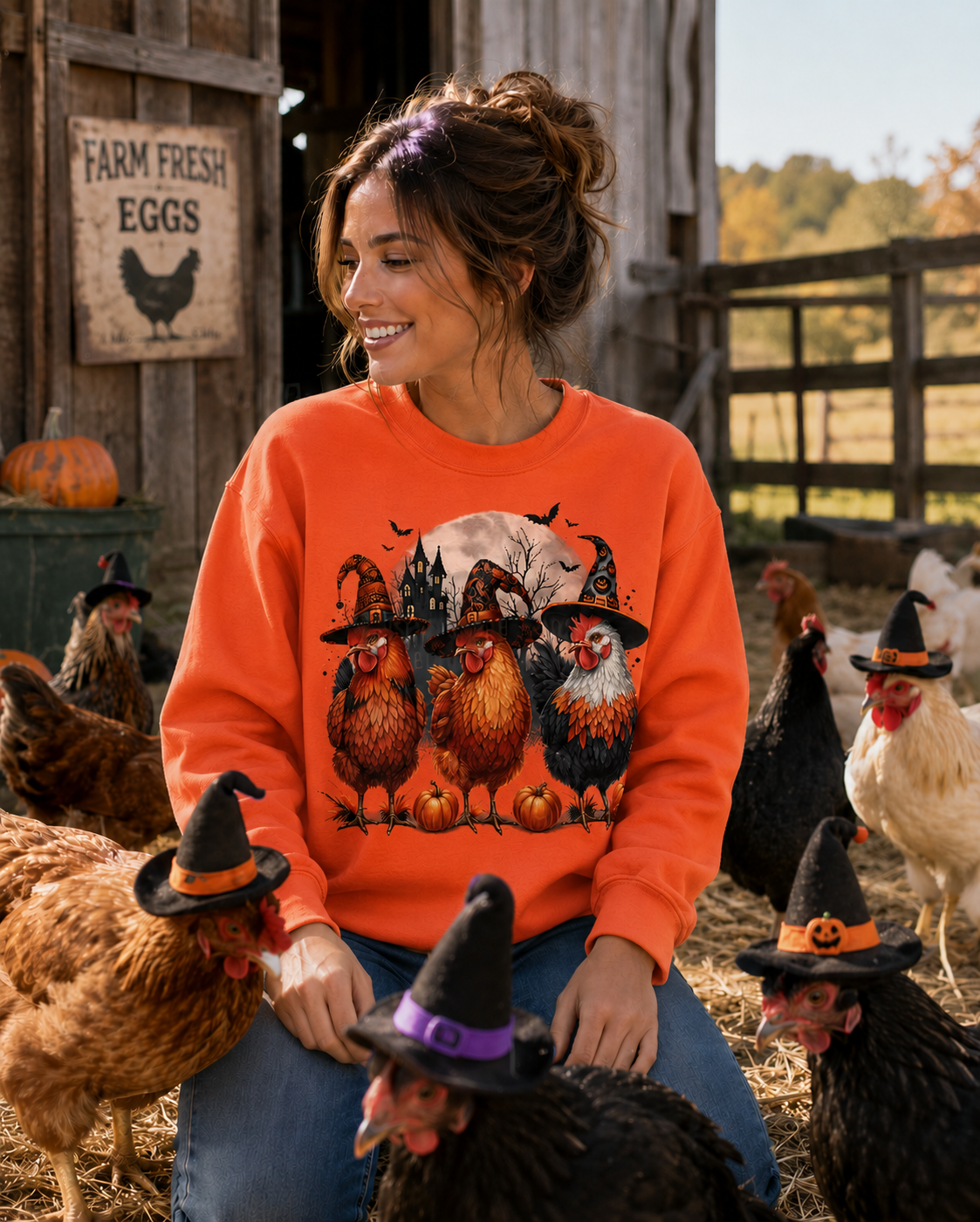 A woman wearing an orange crewneck sweatshirt with a Halloween graphic of three roosters wearing witch hats, sitting on a farm with chickens around her.