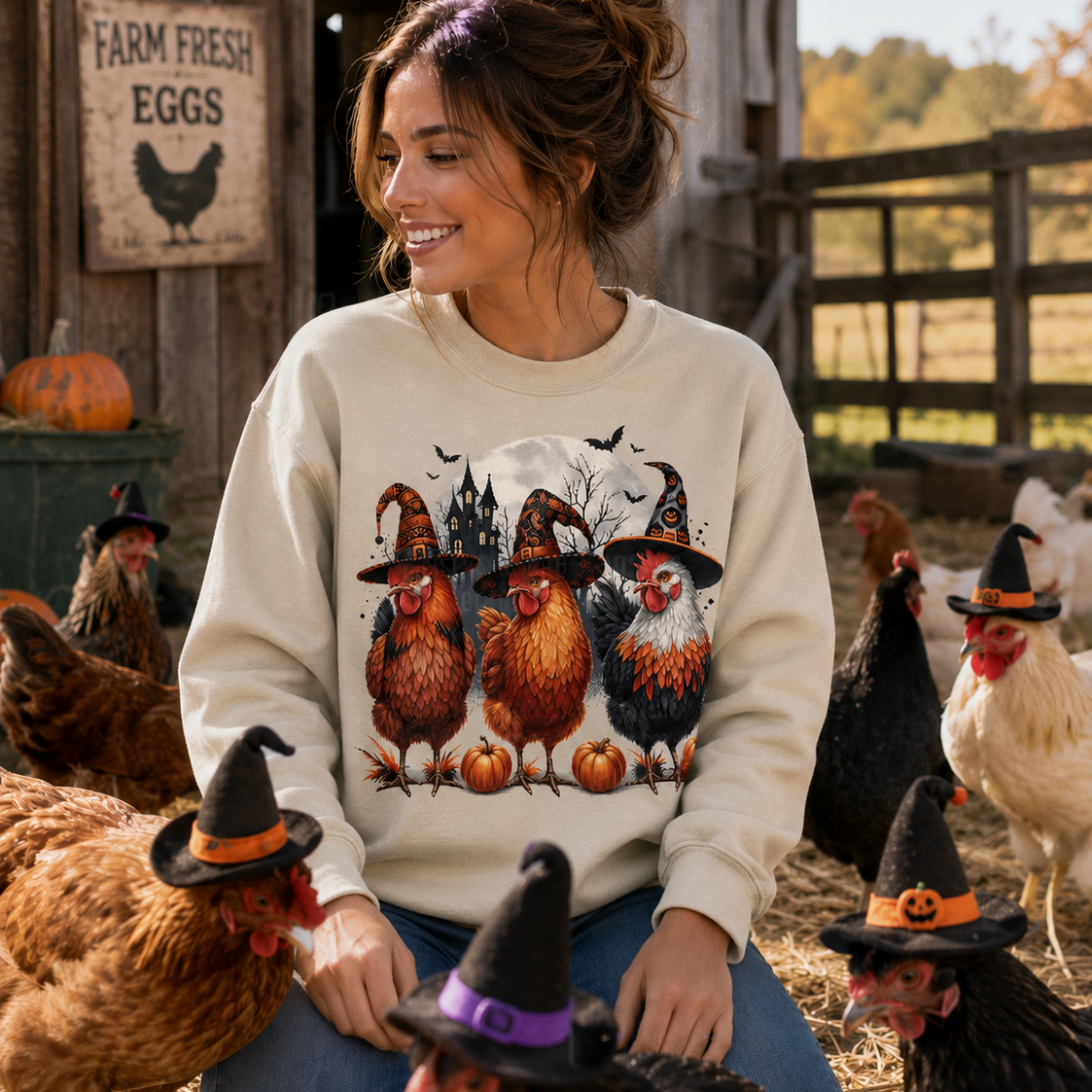 A woman wearing a sand colored crewneck sweatshirt with a graphic of three roosters wearing witch hats sits on a farm, surrounded by chickens wearing small witch hats.