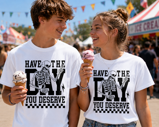 Have The Day You Deserve – Skeleton Peace Sign Graphic Tee