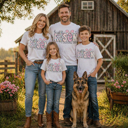 Family of four wearing a He is risen graphic t-shirt on white with a dog standing in front of a wooden barn.