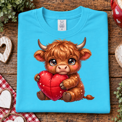 A folded Aqua blue T-shirt with a cute cartoon illustration of a fluffy brown cow holding a red heart, displayed on a rustic wooden surface with decorative props.