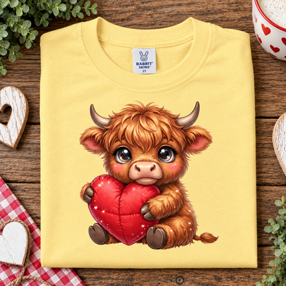 A folded butter colored T-shirt with a cute cartoon Highland cow holding a red heart, displayed on a rustic wooden surface with decorative heart-shaped props and greenery.