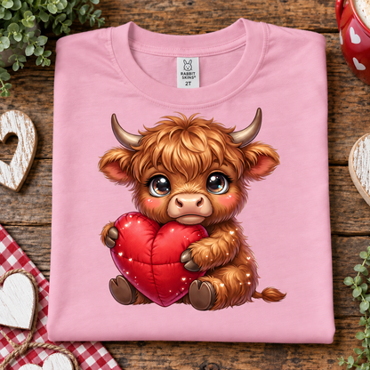 A folded pink t-shirt with a cute cartoon Highland cow graphic holding a red heart, displayed on a rustic wooden table with decorative props.