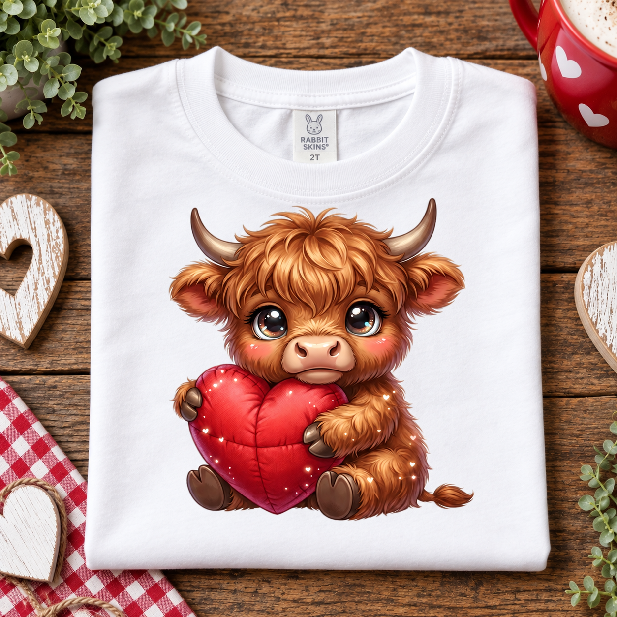 A folded white t-shirt with a cute cartoon illustration of a fluffy brown cow holding a red heart, displayed on a rustic wooden table with decorative props.
